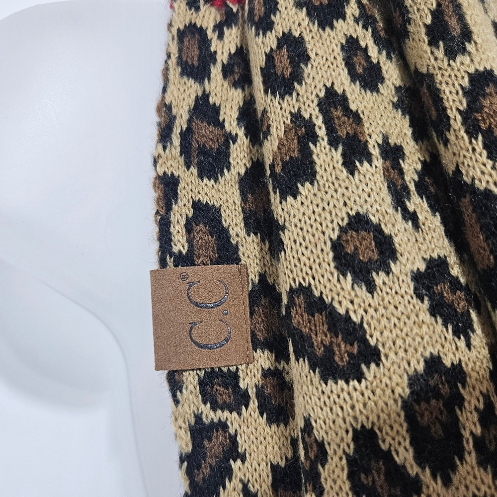 CC Beanie Red Ribbed and Leopard Print Knit Infinity Scarf Women chunky mob wife - Picture 2 of 6